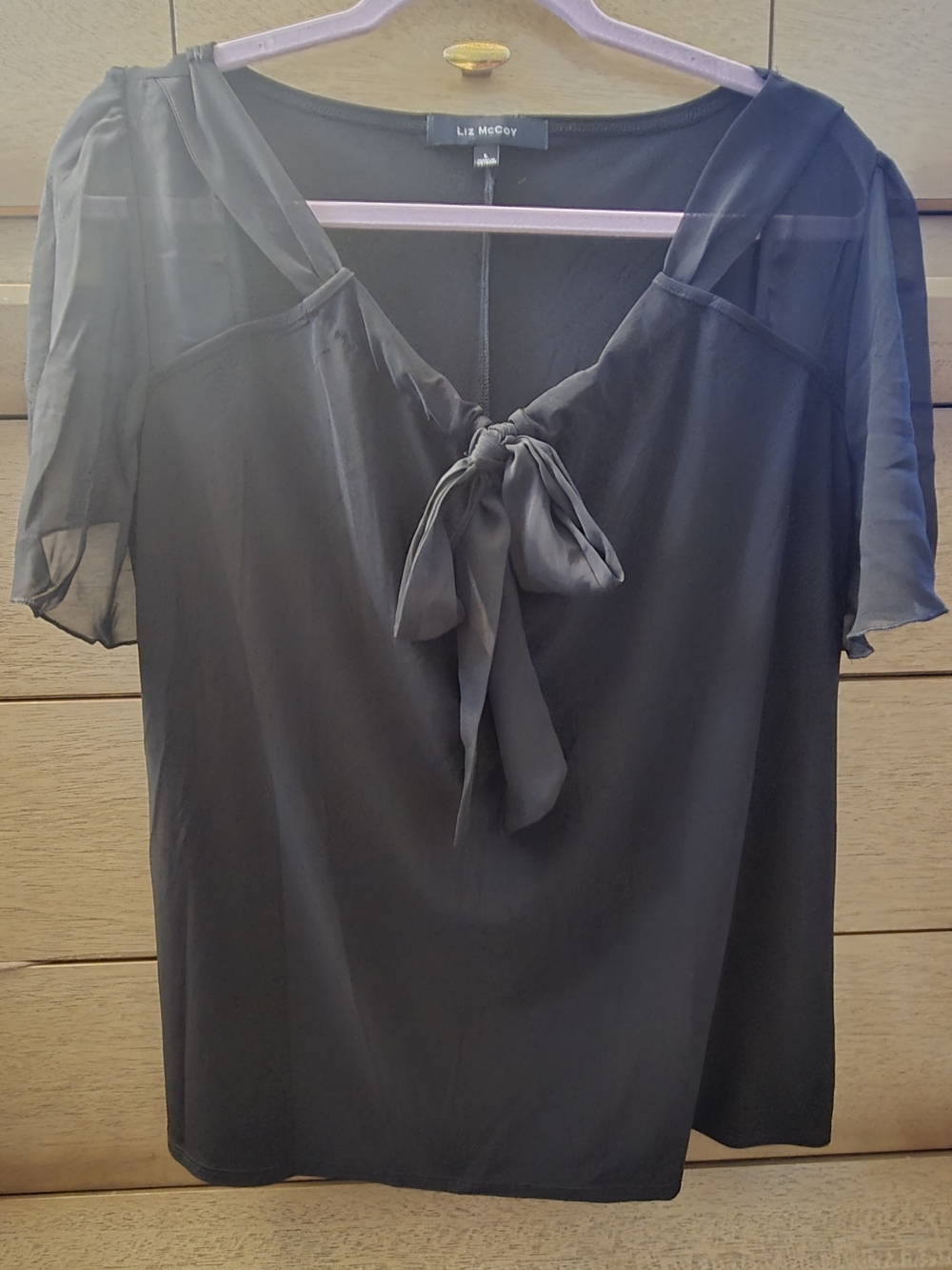 Liz McCoy Black Tie-Neck Sheer Sleeve Blouse